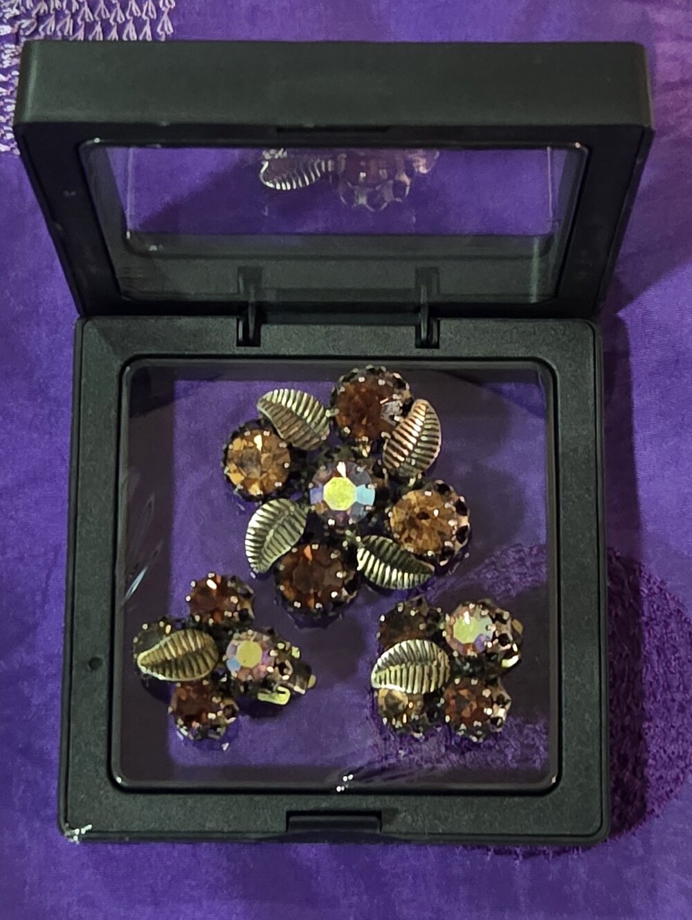 Vintage Brown Crystal Flower Brooch and Earring Set (Made In Austria) 1950's